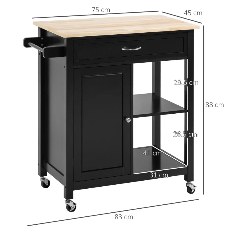 Carrello da Cucina in Legno con Cassetto, Armadietto e Ruote, 83x45x88cm, Nero HG7801-214HG7