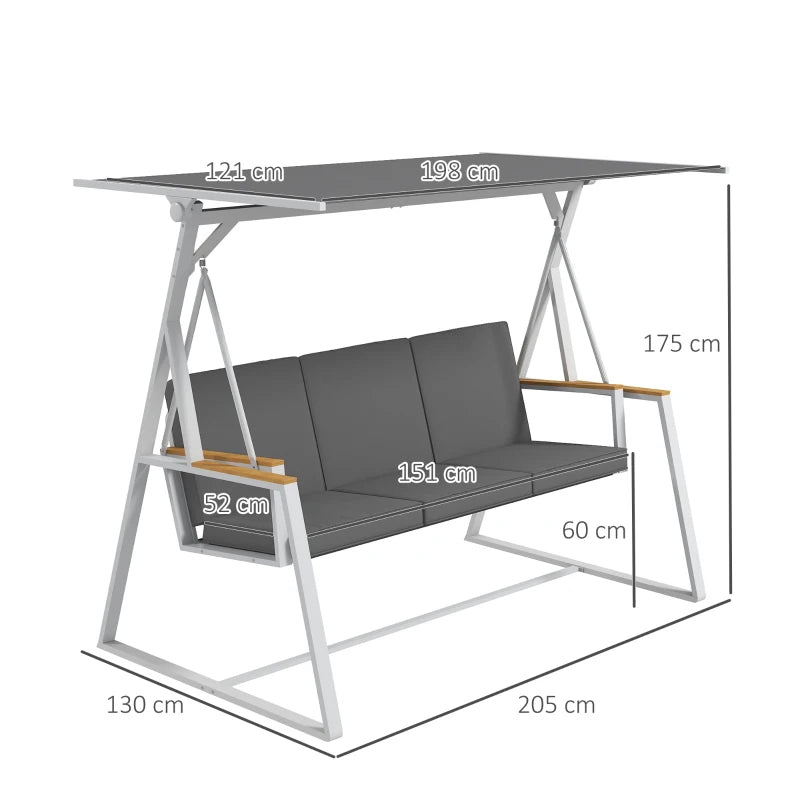 anchina da Giardino 3 Posti con Tettuccio Inclinabile, in Acciaio, 205x130x175 cm, Grigio Scuro 84A-315V00CG