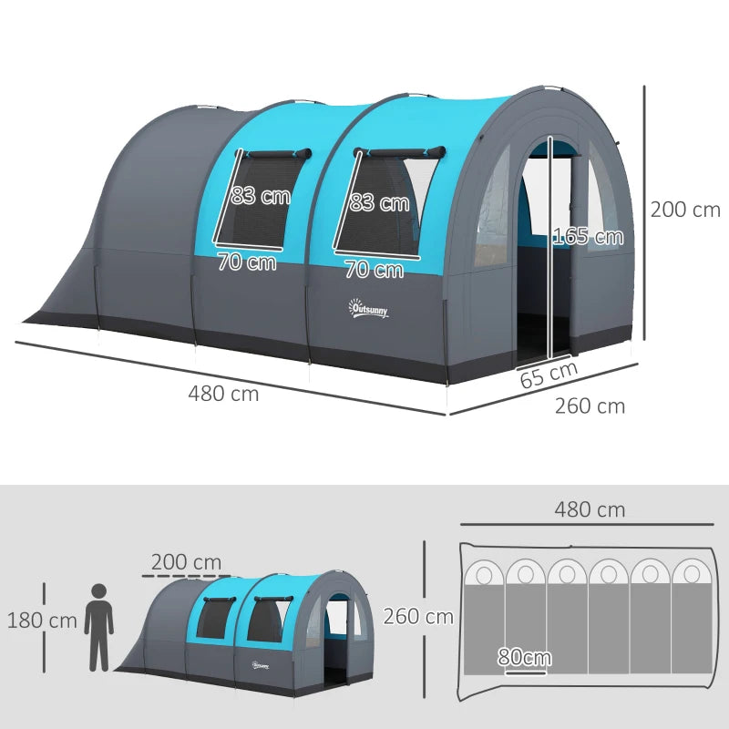 Tenda da Campeggio 5 Posti Impermeabile con Zona Notte e Giorno, in Poliestere, 480x260x200 cm, Grigio e Blu WP9A20-373V00GYWP9