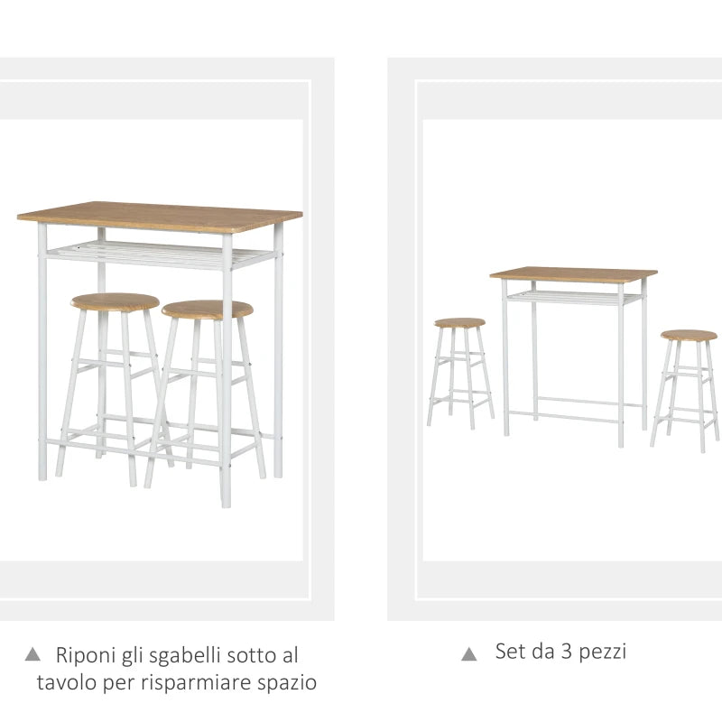 Set Bancone Bar e 2 Sgabelli Alti in Legno Stile Nordico con Mensola e Poggiapiedi, Bianco HY6835-297WTHY6