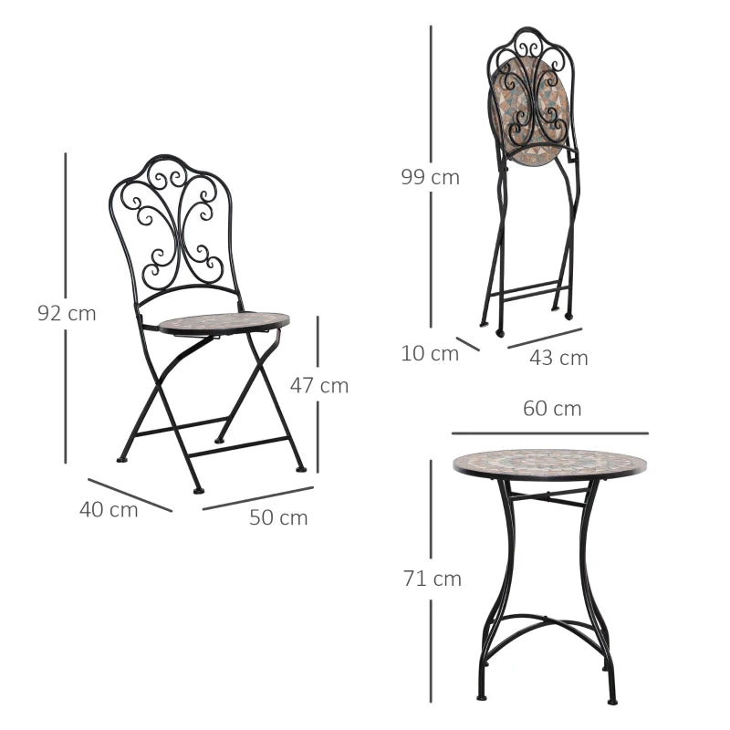 Set Mobili da Giardino 3 Pezzi con 2 Sedie Pieghevoli e Tavolo da Caffè in Ceramica e Metallo, Nero 84B-648