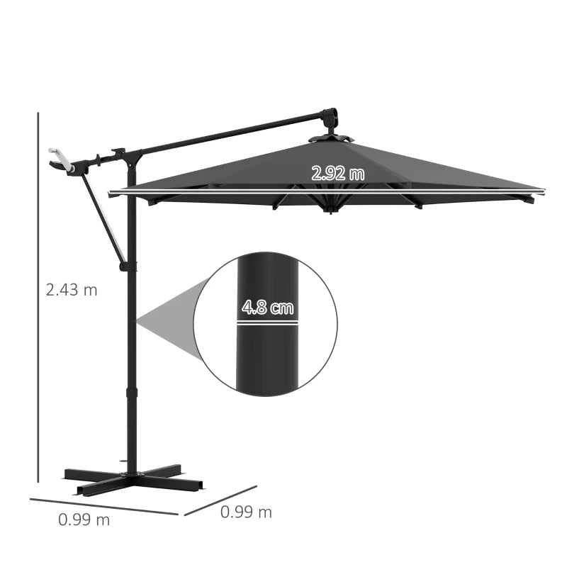 Ombrellone a Braccio con Base a Croce e Manovella, in Poliestere e Acciaio, Ø292x243 cm, Grigio 84D-312V00CG