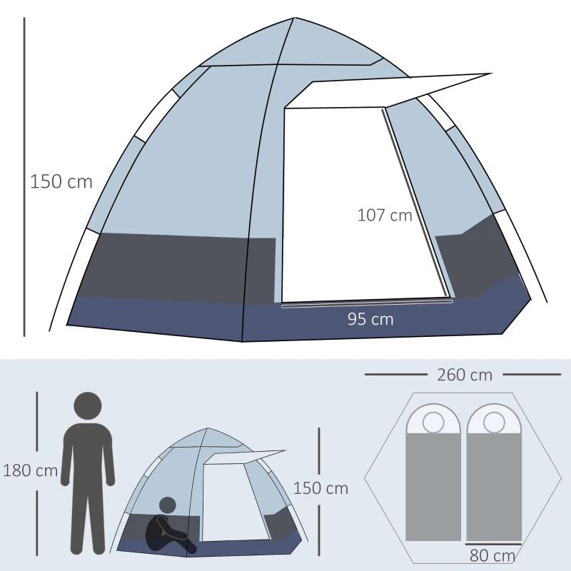 Tenda da Campeggio 2 Posti con Apertura Automatica e Accessori, in Acciaio e Tessuto Oxford, Grigia e Nera RG3A20-128RG3