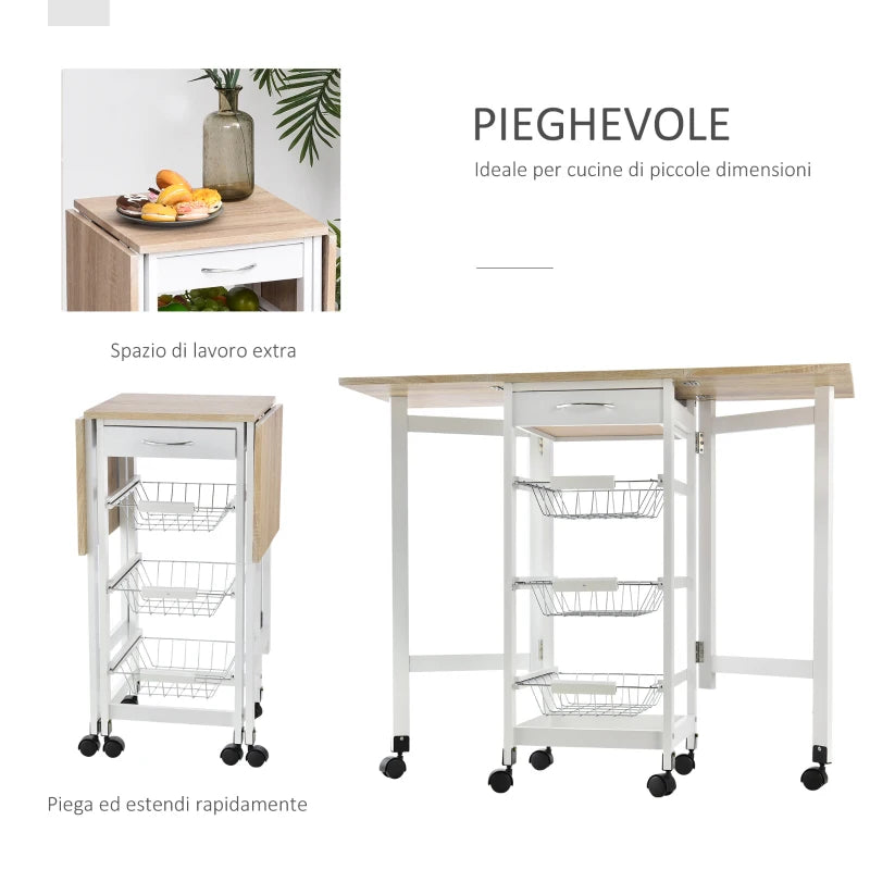 Carrello da Cucina con 3 Cestini, Cassetto e Ribalte, 6 Ruote Girevoli, in MDF e Metallo, 37x37x77.5cm, Bianco e Legno GF2801-125GF2