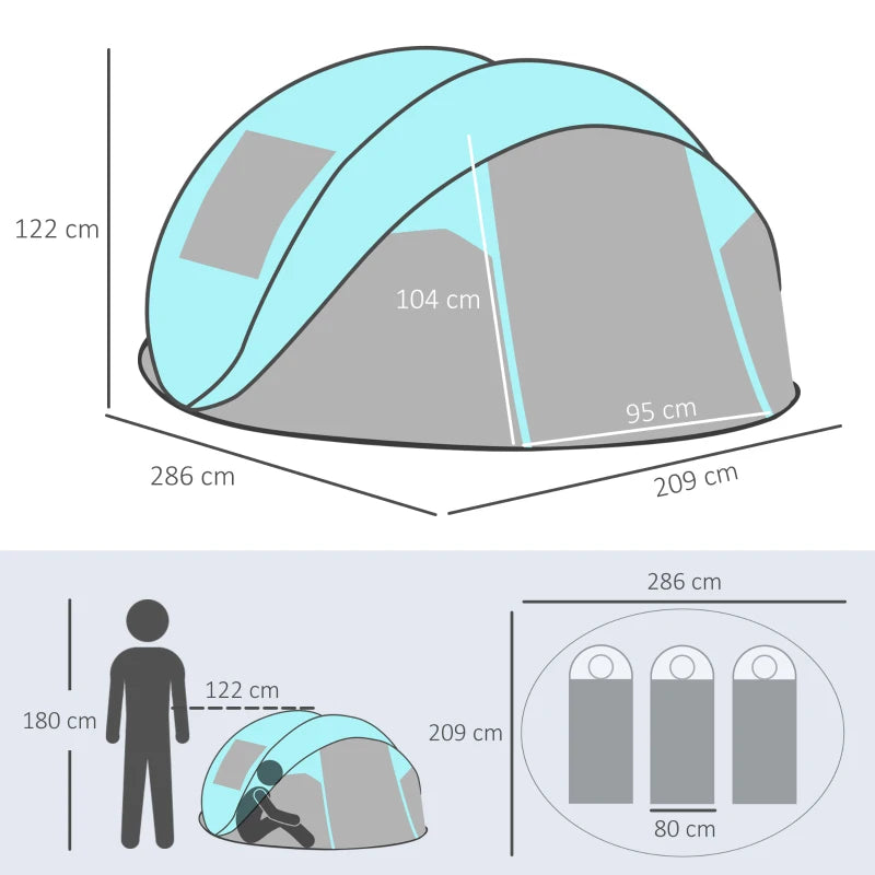 Tenda da Campeggio 3 Persone a Cupola, Tenda Pop-Up Automatica a Igloo, 286x209x122cm, Azzurro EK9A20-261EK9