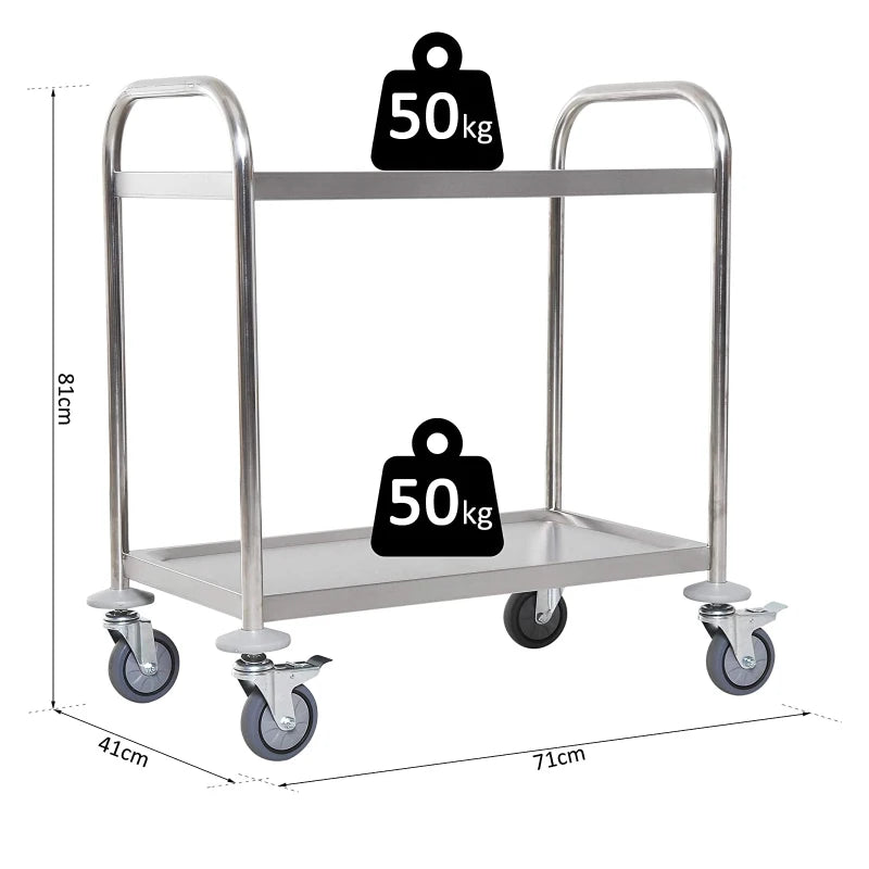 Carrello da Cucina 2 Ripiani con Ruote in Acciaio Inox 71x41x81cm, Argento ER4801-076ER4