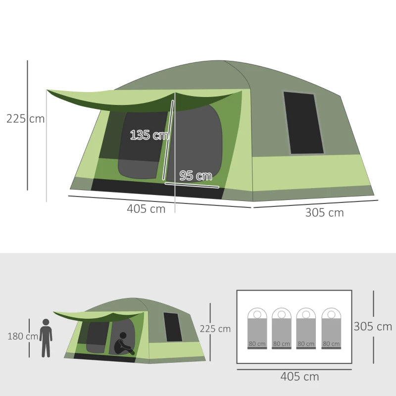 Tenda da Campeggio con Veranda, Tenda Famigliare per 8 Persone, in Poliestere, 405x305x225cm WR3A20-052WR3