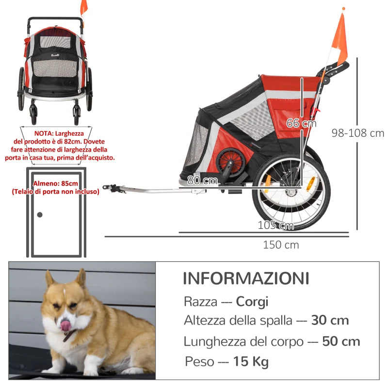 Rimorchio Bici per Cani sotto i 35kg con Porta Anteriore e Posteriore, Finestre a Rete e Tetto Apribile, 150x82x98-108cm YH3D00-142RDYH3