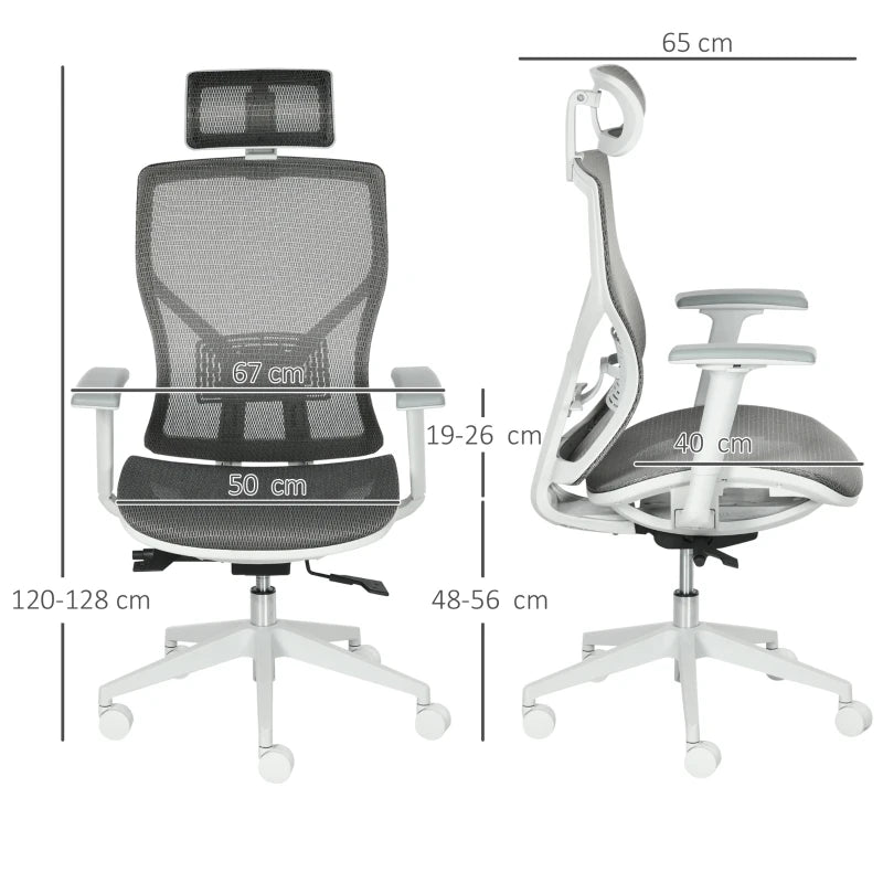 Sedia Ergonomica da Ufficio con Poggiatesta, Inclinazione e Altezza Regolabile, Poltrona Girevole Basculante con Ruote e Schiena in Rete, 67x65x120-128cm, Grigio UN9921-435UN9