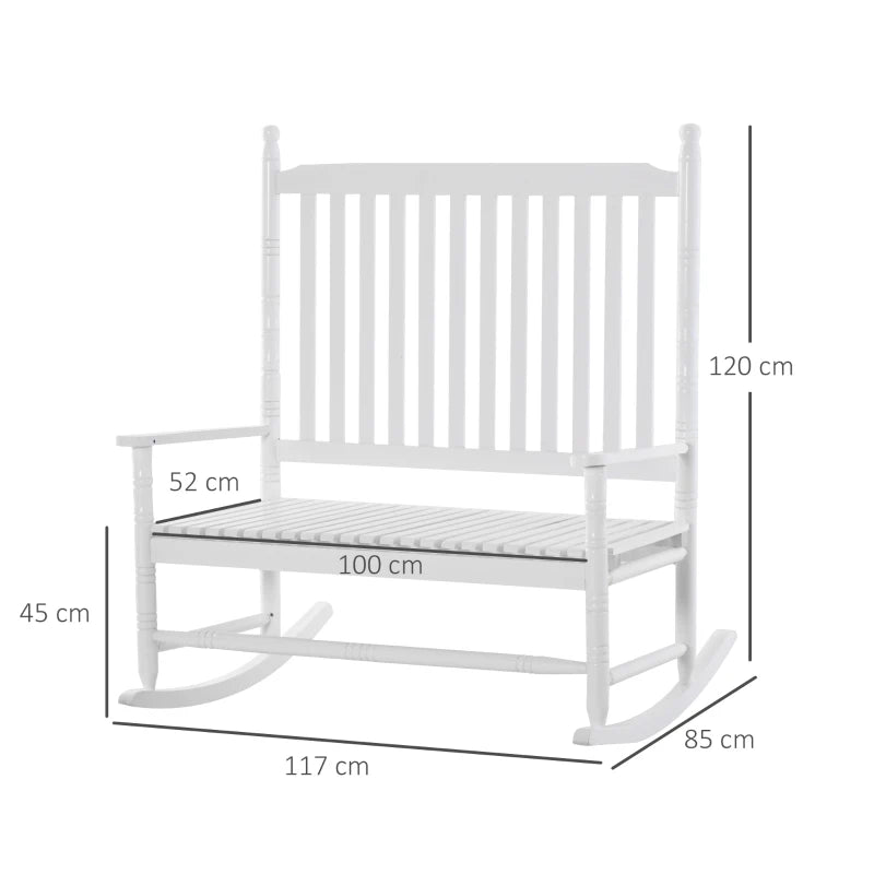 Sedia a Dondolo 2 Posti in Legno con Schienale Alto e Braccioli, 117x85x120 cm, Bianco 84A-149