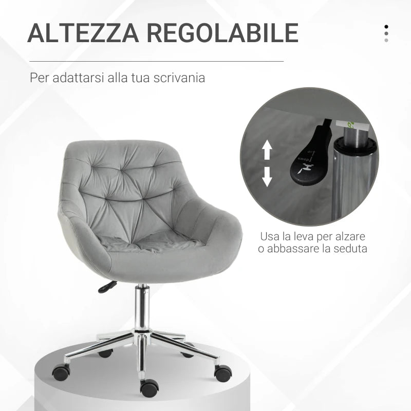 Sedia da Ufficio Ergonomica Girevole con Altezza Regolabile e Ruote, Rivestimento in Velluto, 59x58x80-90cm, Grigio LM3921-480GYLM3