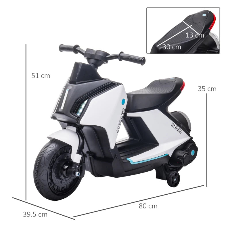 Moto Elettrica per Bambini 6V con Musica e Fari LED, Velocità 1.5-2.5km/h, Età 2-4 Anni, 80x39.5x51cm, Bianco KJ1370-168V90WTKJ1