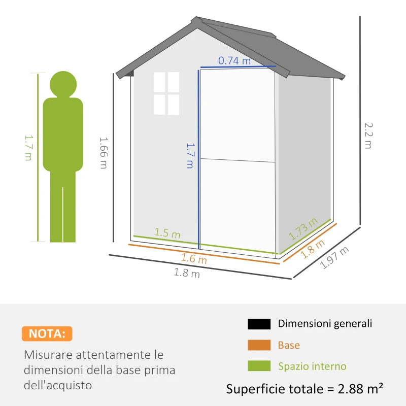 Casetta da Giardino in Legno 1.8x2m con Porta Doppia, Finestra e Base Inclusa, Colore Legno TF484H-099V00NDTF6