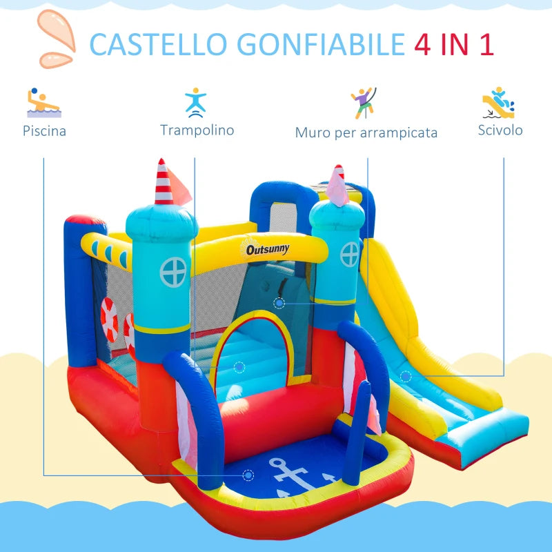 Castello Gonfiabile 4 in 1 Bimbi 3-8 Anni, Scivolo e Piscina, 265x260x200cm GB9342-054V90GB9
