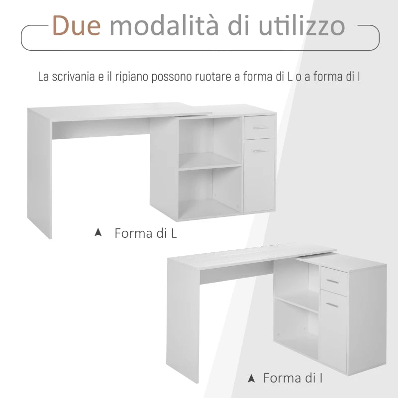 Scrivania Angolare con Libreria Scaffale in Legno Bianco, Tavolo da Pranzo con Rotazione a 360°, 173x39.8x74 cm ZK4836-073WTZK4