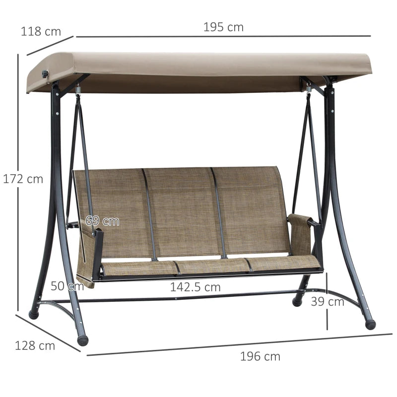 Dondolo da Giardino a 3 Posti con Tettuccio Regolabile e Tasche Portaoggetti Marrone 196x128x172cm 84A-110V01