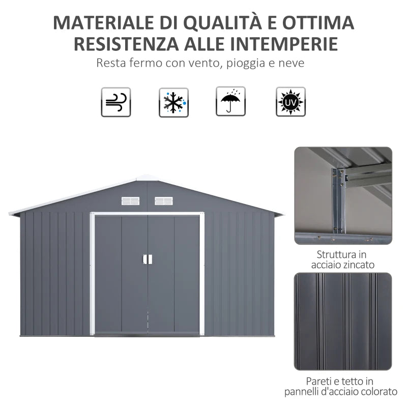 Casetta da Giardino con Base e Doppie Porte Scorrevoli, Capanno da Giardino in Acciaio, 340x386x200cm, Grigio scuro FT6845-031V01FT6