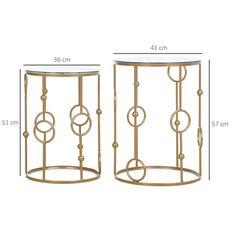 Set 2 Pezzi Tavolini da Caffè Design Elegante con Motivi a Cerchio, Metallo e Vetro Temperato Φ41x57cm & Φ36x51cm, Oro SD9833-674SD9