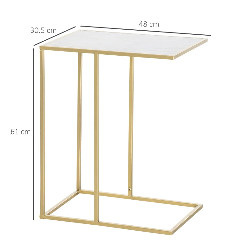 Tavolino da Salotto con Piano Effetto Marmo e Base in Metallo, 48x30.5x61cm, Bianco e Oro KJ884B-831KJ8