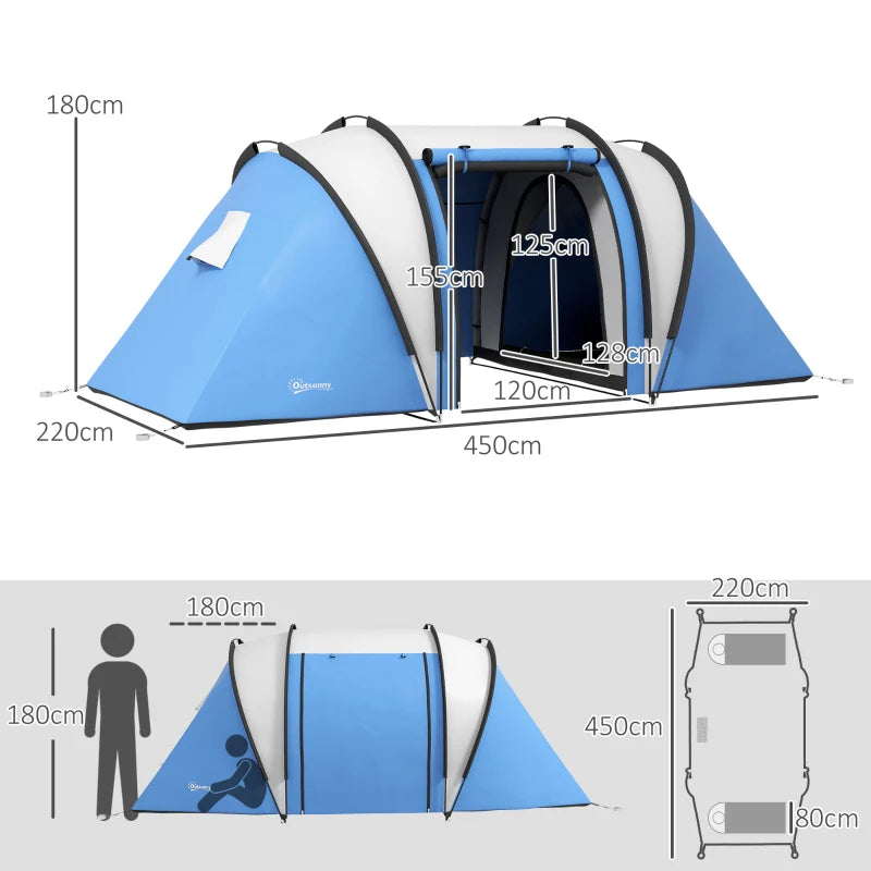 Tenda da Campeggio 2 Posti Impermeabile con 2 Stanze Borsa di Trasporto, 220x450x180 cm, Blu EH7A20-387V00BUEH7