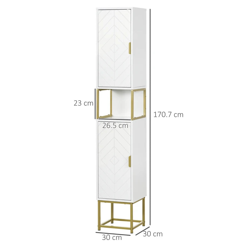 Colonna Bagno con 2 Armadietti e Ripiano in MDF e Acciaio, 30x30x170.7cm, Bianco e Oro ED6834-536V80WTED6