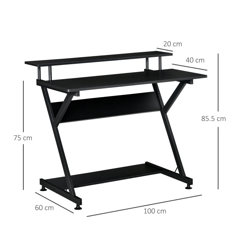 Scrivania Tavolo Porta PC Salvaspazio con Ripiano Monitor Rialzato, 100x60x85.5cm, Legno - Nero QA1836-425V01BKQA1