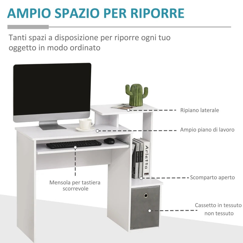 Scrivania Moderna per PC con Mensola Porta Tastiera, Ripiano e Cassetto in Tessuto, in Legno, 100x40x86.6cm, Bianco QE2836-263QE2