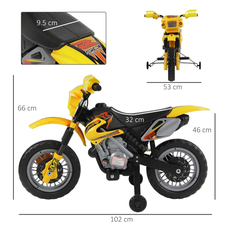 Moto Cross Elettrica con Rotelle Giallo per Bambini 3 anni e più, Batteria 6V Velocità 2.5km/h, 102 x 53 x 66cm WQ2301-043YLWQ2