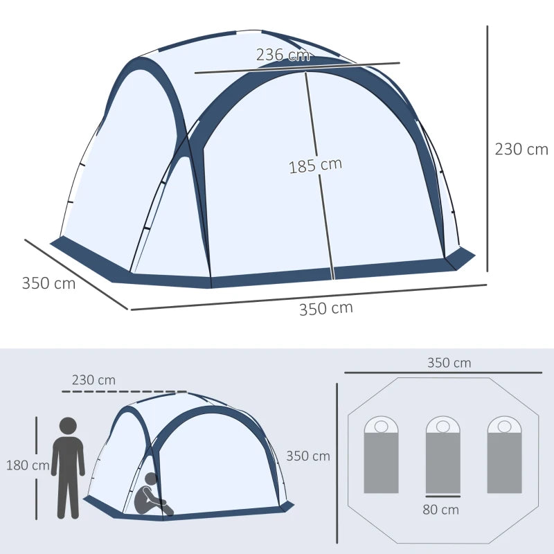 Tenda da Campeggio 3 Posti con 4 Porte a Cerniera, Zanzariera e Gancio, 350x350x230cm, Bianca e Blu EX2A20-232EX2