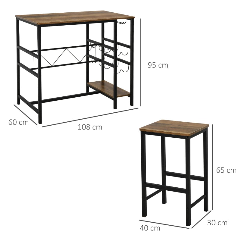 Set Tavolo 2 Sgabelli Alti da Bar in Legno Isola Cucina con Portabottiglie e Portabicchieri in Stile Industriale GT5835-215GT5