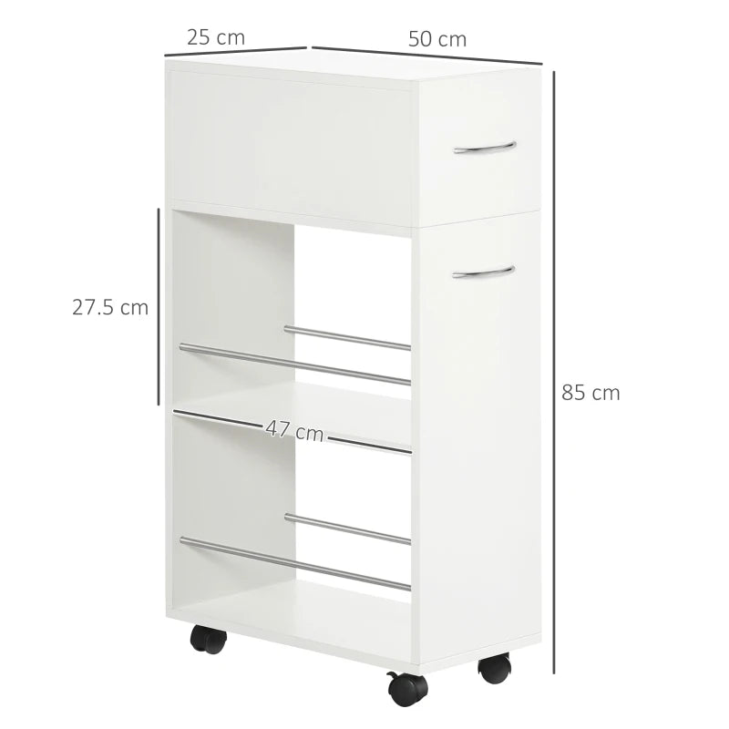 Carrello da Cucina in Truciolato e Acciaio Inox con 2 Ripiani Aperti, Cassetto Estraibile e Parapetti, 25x50x85 cm HJ7801-240V80HJ