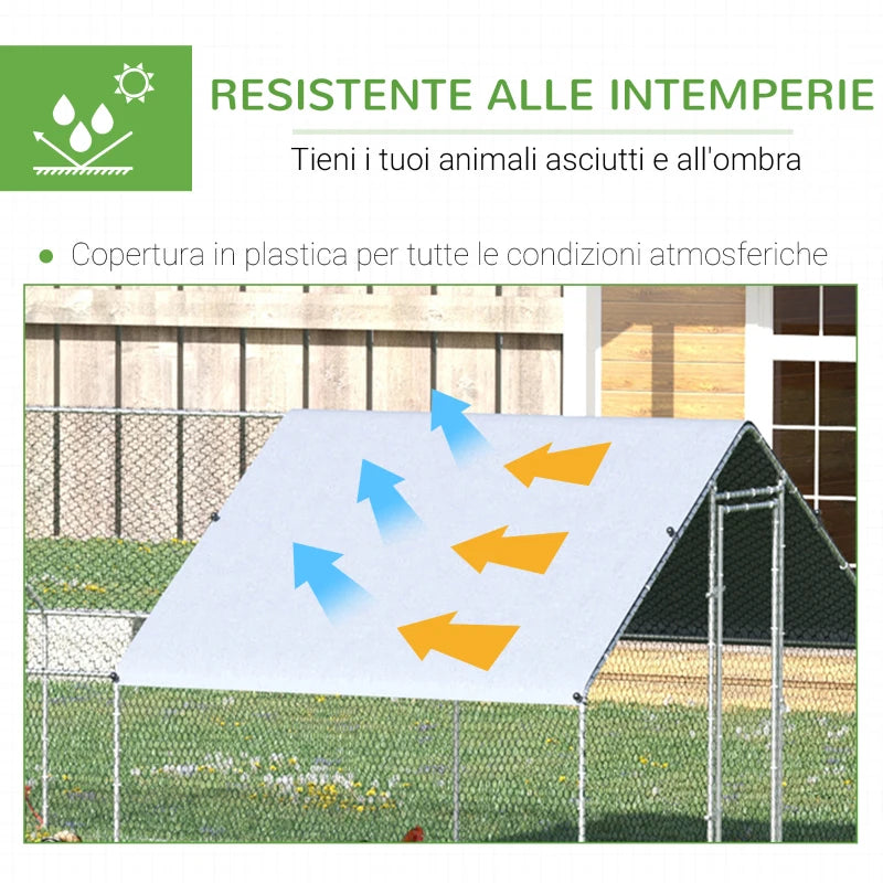 Pollaio da Giardino con Telaio Zincato, Copertura Impermeabile e Rete Esagonale, 3x8x2m, Argento KI9D51-277V03KI9