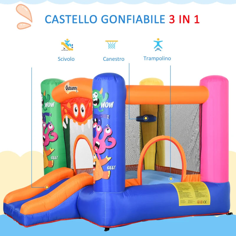 Casa Gioco Castello Gonfiabile Gigante per Bambini 3-8 anni Trampolino Rimbalzante Colorato con Scivolo e Canestro 250cmx180cmx175cm PW2342-021V90PW2