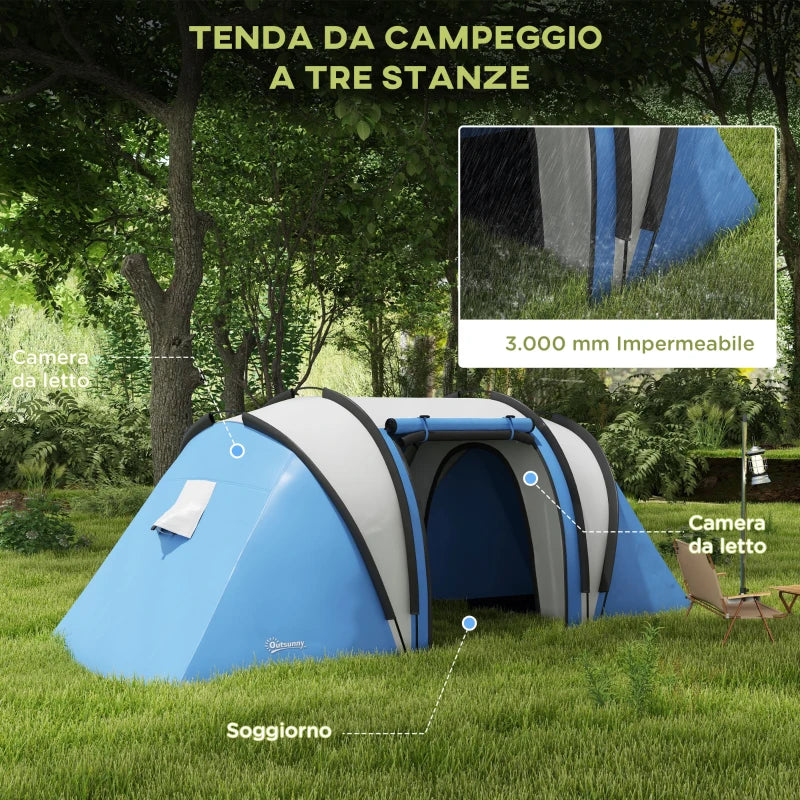 Tenda da Campeggio 2 Posti Impermeabile con 2 Stanze Borsa di Trasporto, 220x450x180 cm, Blu EH7A20-387V00BUEH7