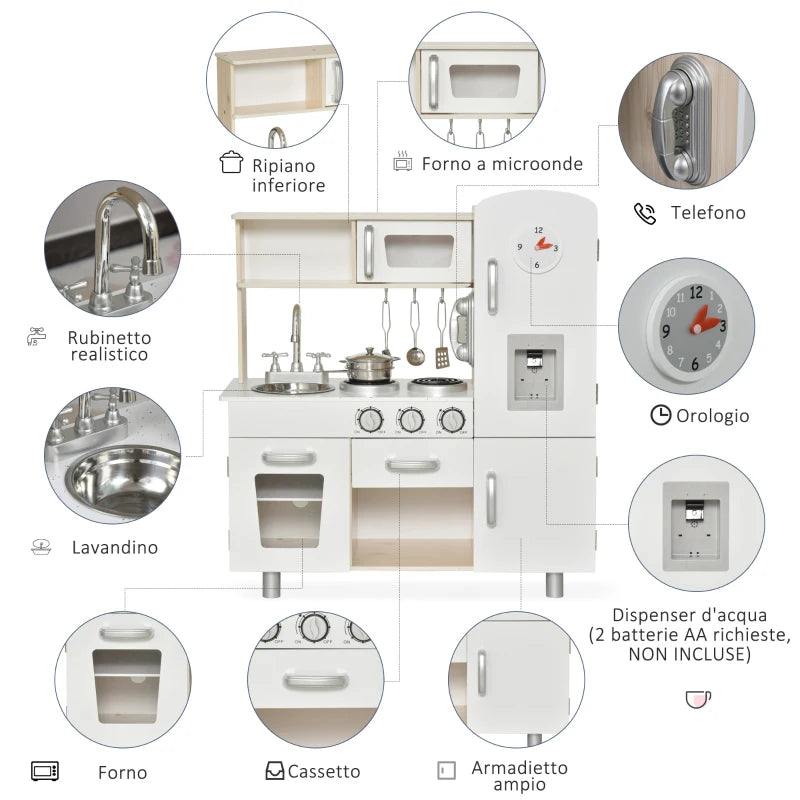 Cucina Giocattolo in Legno per Bambini con Lavandino e Fornelli, Pentole e Utensili in Acciaio, 74x30x81cm, Bianco ME7350-082ME7