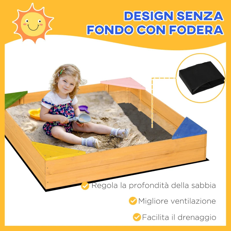 Sabbiera per Bambini da 4 Posti in Legno di Abete con Design senza Fondo, 109x109x19.8 cm QW4343-058V00NDQW4