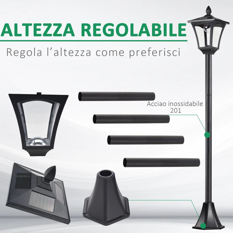 Lampione LED da Esterno ad Energia Solare Lampada da Giardino Lampada da Terra Impermeabile IP44 18×18×160cm Nero XN4842-108XN4