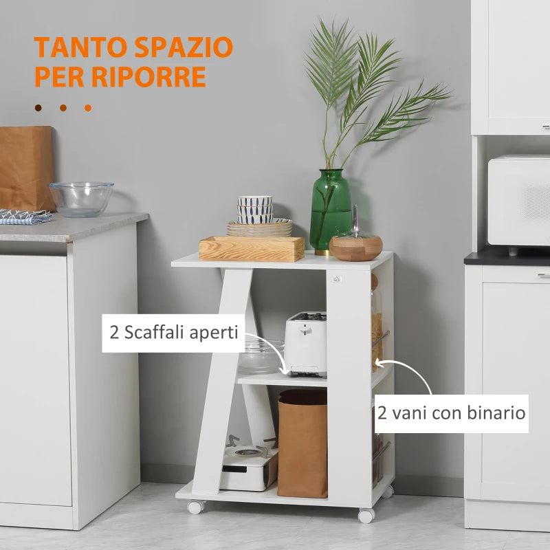 Carrello da Cucina Portavivande in Legno con 2 Ripiani e Ruote, 60x38x77cm, Bianco KJ2801-292V00WTKJ2