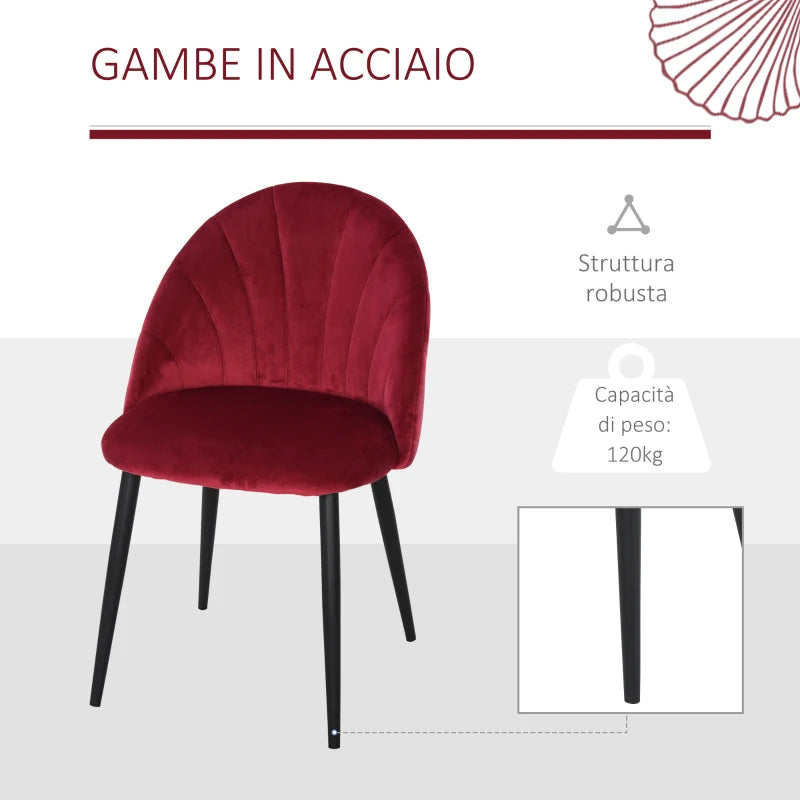 Set 2 Sedie Sala da Pranzo e Soggiorno Imbottite, Design Nordico ed Ergonomico in Metallo e Velluto, 52x54x79 cm, Rosso Scuro ER7835-253WRER7