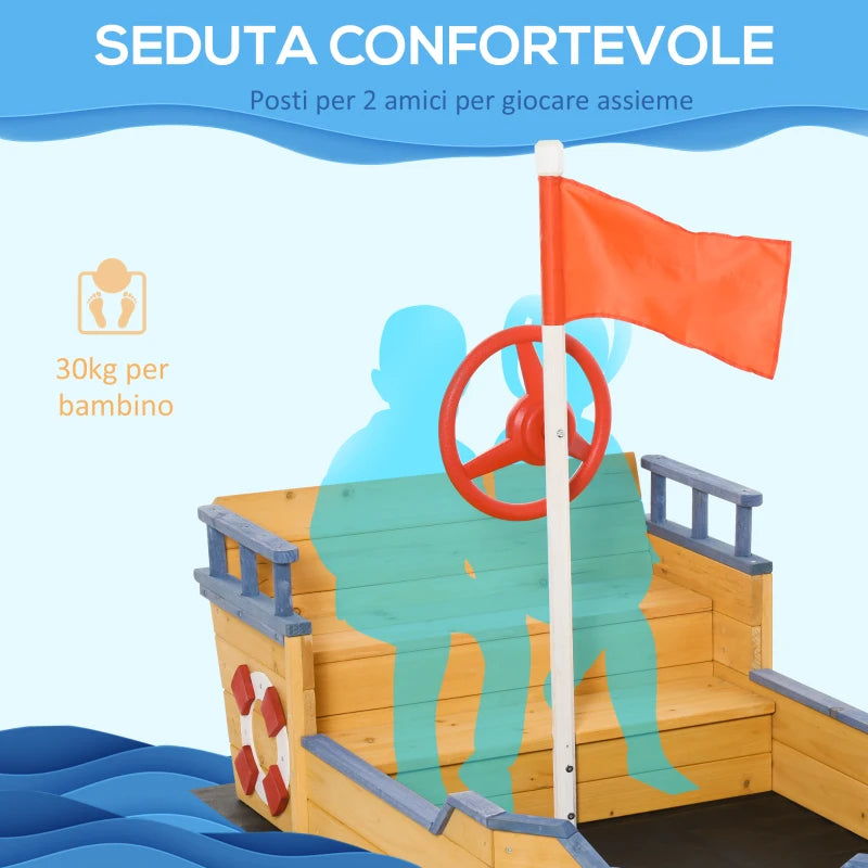 Sabbiera per Bambini in Legno a Forma di Nave dei Pirati con Vano Contenitore, 158x78x45.5 cm YS3343-022V01YS3