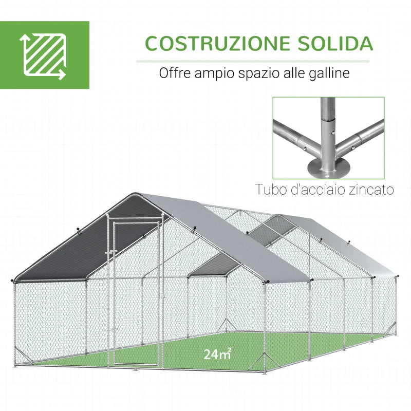 Pollaio da Giardino con Telaio Zincato, Copertura Impermeabile e Rete Esagonale, 3x8x2m, Argento KI9D51-277V03KI9