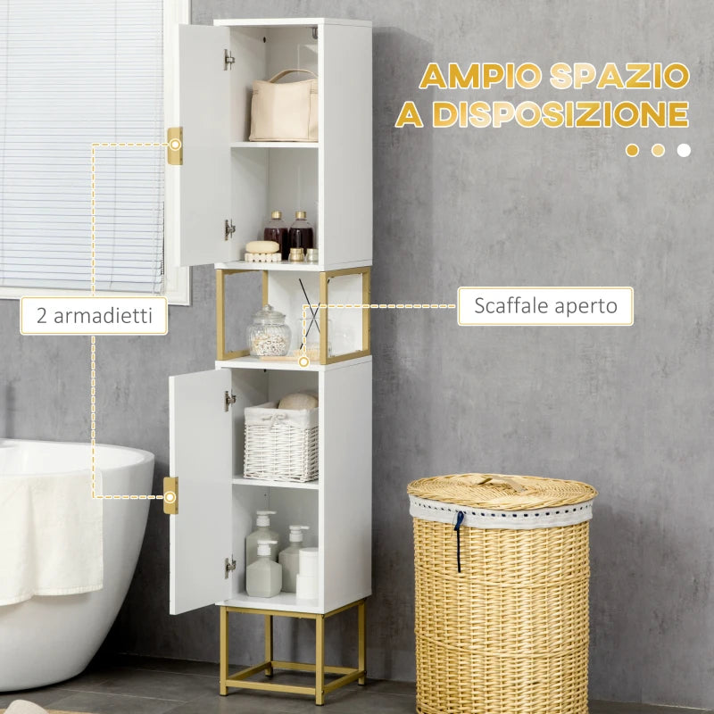 Colonna Bagno con 2 Armadietti e Ripiano in MDF e Acciaio, 30x30x170.7cm, Bianco e Oro ED6834-536V80WTED6