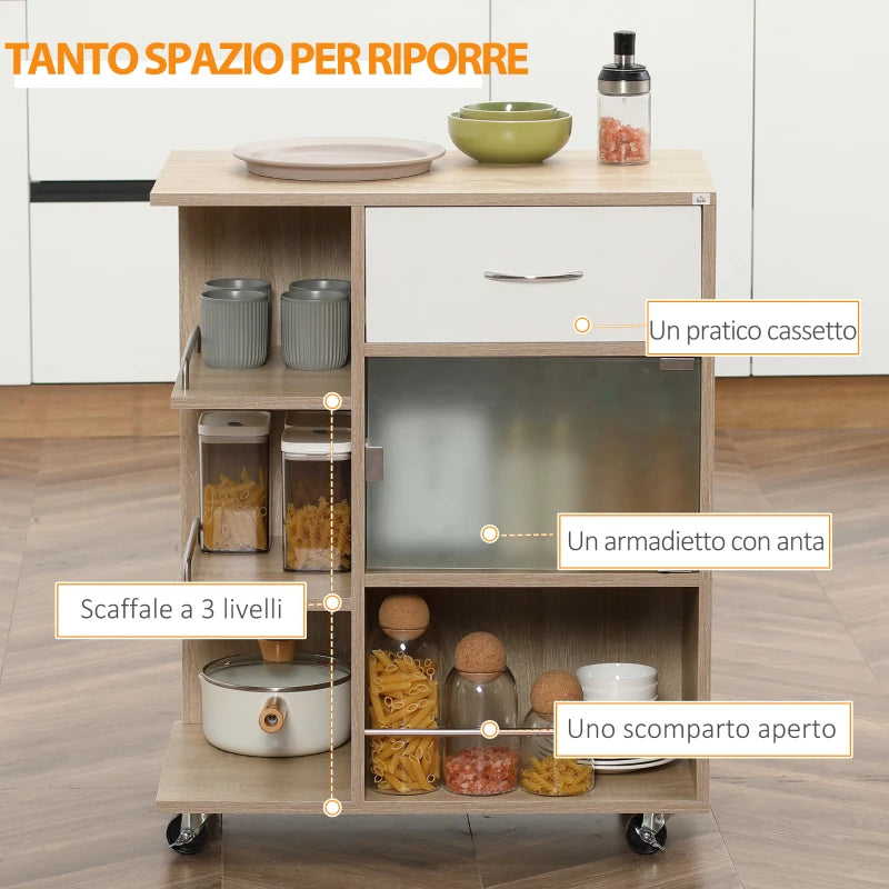 Carrello da Cucina Portavivande con Cassetto, Ripiani e Armadietto in Legno, Acciaio e Vetro, 65x39x80cm GH2801-242NDGH2