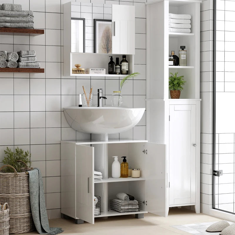 Armadietto Specchiera Pensile da Bagno in Legno con Mensole Regolabili, Mobile Bagno a 2 Ante e Ripiano Aperto, 54x15.2x55.3cm, Bianco EF4834-347WTEF4