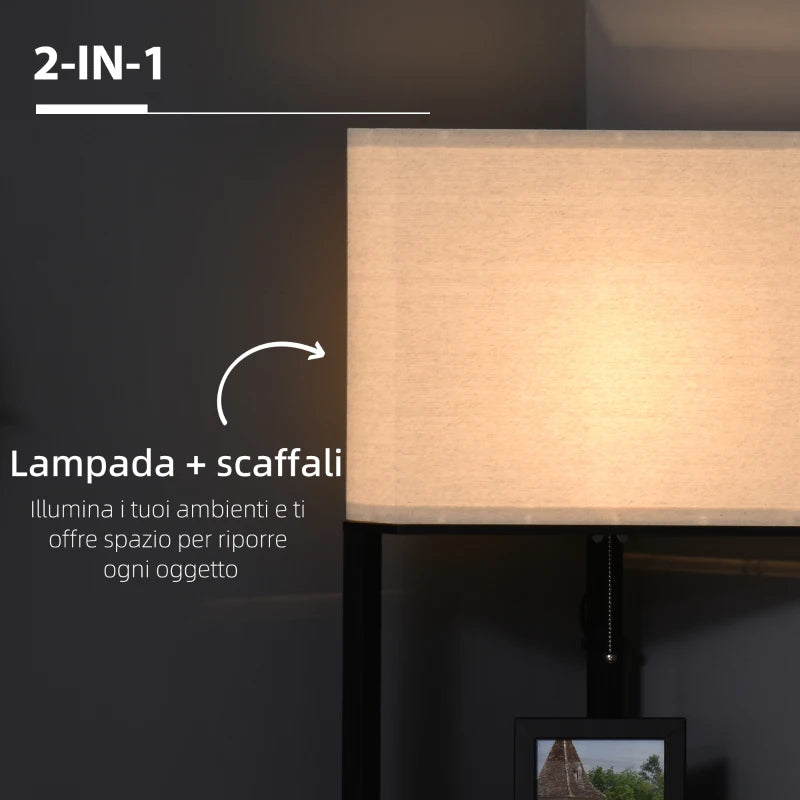 Lampada da Terra Angolare con Ripiani e Paralume in Tessuto, 50x37x159cm, Nero MO9B31-315V90MO9