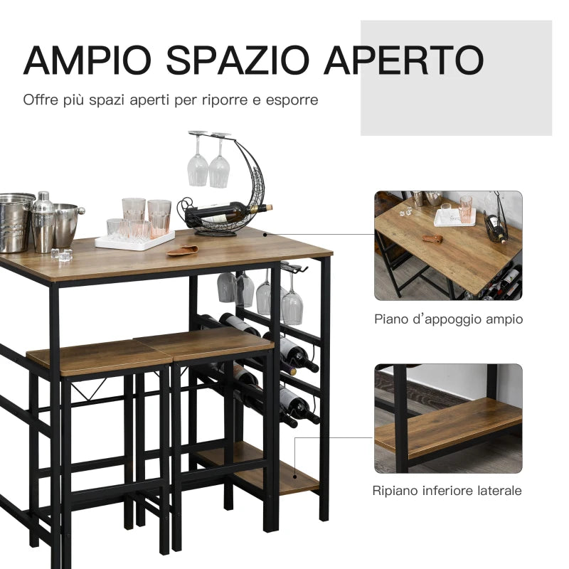 Set Tavolo 2 Sgabelli Alti da Bar in Legno Isola Cucina con Portabottiglie e Portabicchieri in Stile Industriale GT5835-215GT5