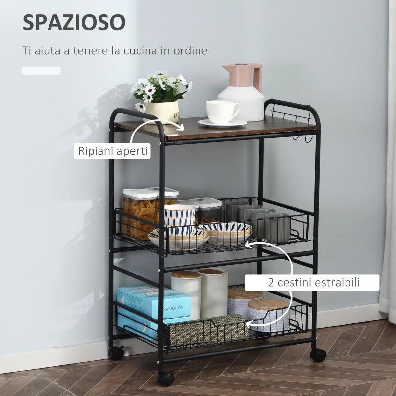 Carrello da Cucina Portavivande Stile Industriale con 4 Ruote, 2 Cestini e 4 Ganci, 60x38x85.5cm, Marrone Nero FT9801-225FT9