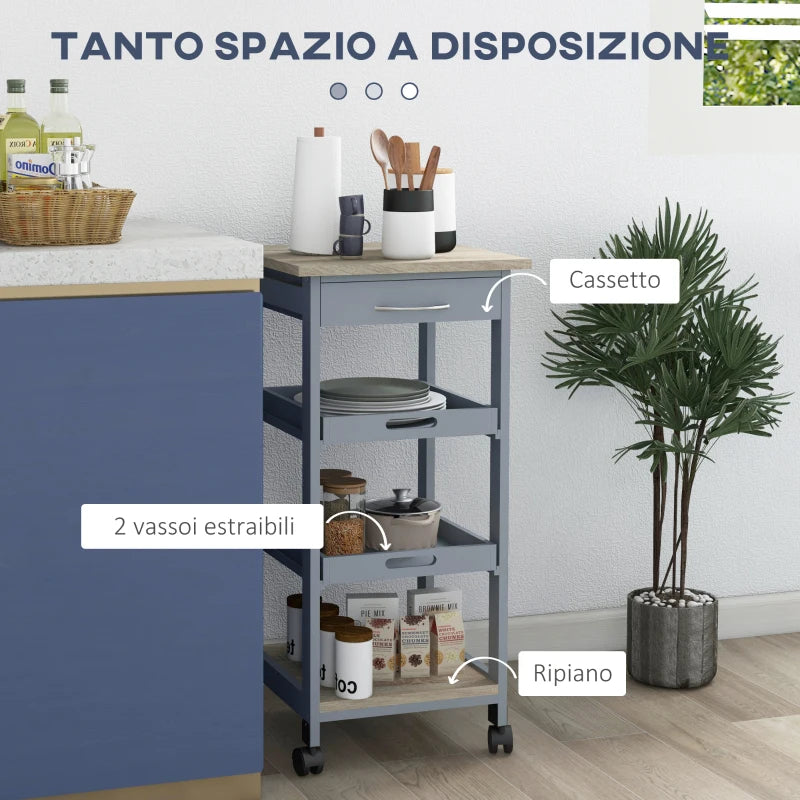 Carrello da Cucina con Cassetto, 2 Vassoi Estraibili e Ripiano Fisso, in Legno di Pino e MDF, 37x37x76 cm HG8801-153GYHG8