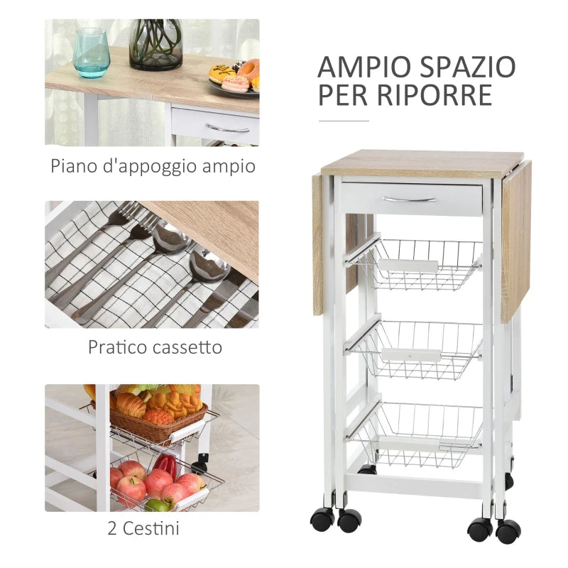 Carrello da Cucina con 3 Cestini, Cassetto e Ribalte, 6 Ruote Girevoli, in MDF e Metallo, 37x37x77.5cm, Bianco e Legno GF2801-125GF2