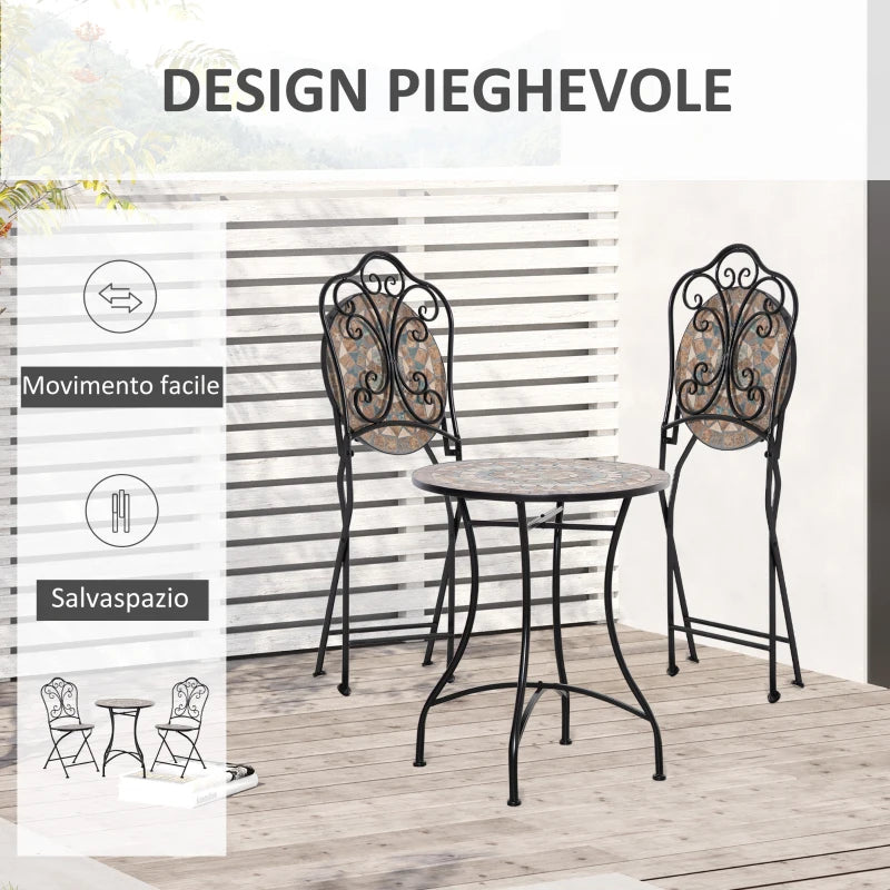 Set Mobili da Giardino 3 Pezzi con 2 Sedie Pieghevoli e Tavolo da Caffè in Ceramica e Metallo, Nero 84B-648